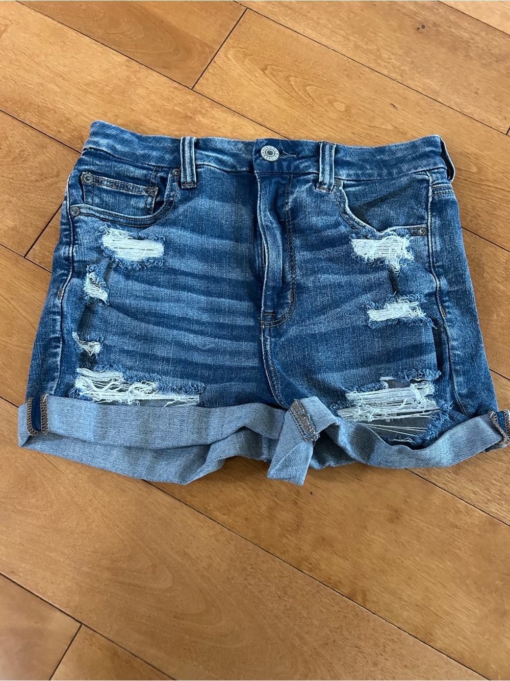 American Eagle Outfitters Distressed Roll-Cuff Denim Shorts - Blue